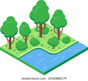 Isometric view of a vibrant green forest with various trees and bushes bordering a calm blue river, creating a peaceful and natural scene