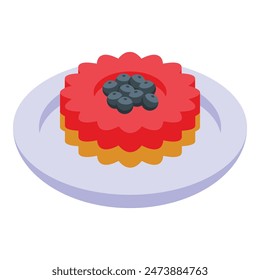 Isometric view of a vibrant, layered fruit tart with blueberries on top, presented on a simple purple plate