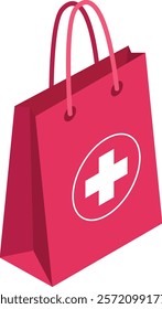 Isometric view of a vibrant red shopping bag featuring a prominent white medical cross symbol, ideal for representing pharmacy shopping, healthcare products, or medical supplies