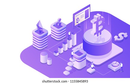 Isometric view of virtual currency exchange platform with illustration of working people execute the process. 