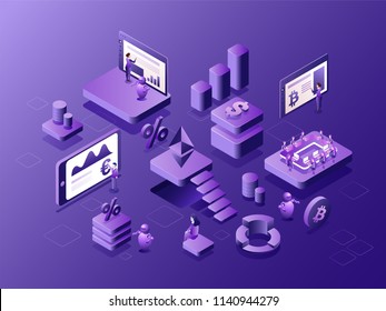 Isometric view of virtual to real money exchange platform with 3D illustration of people or executive process the data for cryptocurrency exchange concept.