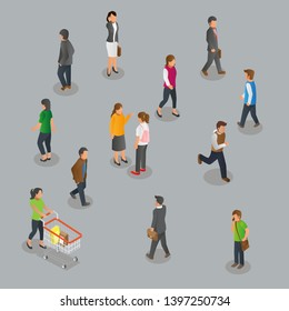 Isometric view of walking pedestrians