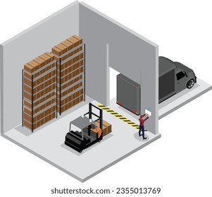 Isometric view of a Warehouse,The transport vehicle uses a robot and human . ,pick up the goods. using automation in product management ,Cartons waiting to be load,Warehouse and Technology