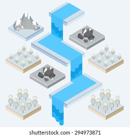 An isometric view of a waterfall and a forest