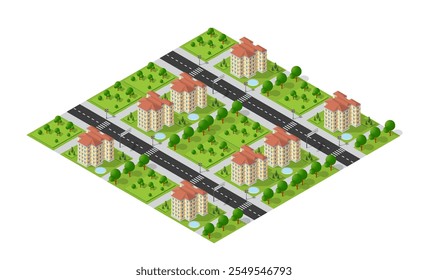 Isometrischer Blick auf eine gut geplante Stadtlandschaft mit Wohngebäuden, sich kreuzenden Straßen, Fußgängerübergängen, üppigen grünen Parks und kleinen Teichen, die ein harmonisches städtisches Umfeld schaffen