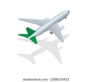 An isometric view of a white airplane with green tail fins, casting a shadow, depicted against a plain white background, suggesting flight or travel.