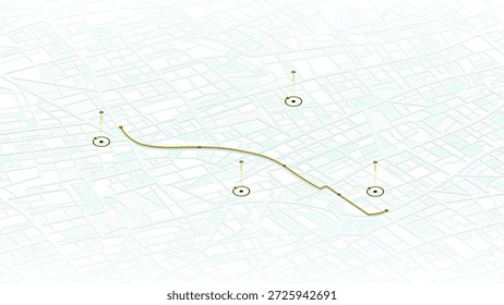 Vista isométrica del mapa blanco de la ciudad con ruta curva amarilla y paradas circulares. Ilustración vectorial.