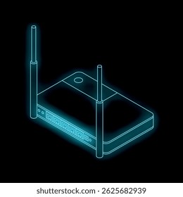 Isometric view of a wifi router with glowing neon blue lines on a black background