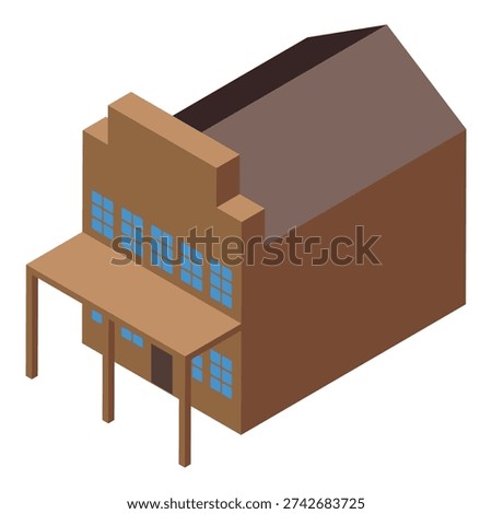 Isometric view of a wild west saloon building featuring a wooden porch and blue windows, representing classic western architecture