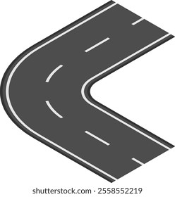 Isometric view of a winding road making a sharp turn, featuring white dashed lines, symbolizing change of direction, journey, and transportation