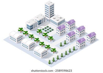 Isometric view of a winter city with residential and commercial buildings, snow-covered trees, and streets, presenting a serene urban landscape