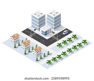 Isometric view of a winter cityscape featuring skyscrapers, houses, roads, trees covered with snow, and a van driving on the street