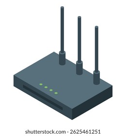 Visão isométrica de um roteador wireless que fornece conectividade com a Internet, apresentando três antenas e luzes indicadoras