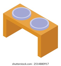 Isometric view of a wooden double pet bowl for cats and dogs