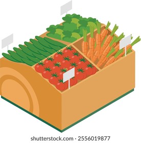 Isometric view of a wooden market stall filled with fresh, ripe vegetables like carrots, tomatoes, cucumbers, and lettuce, featuring blank price tags in a grocery store setting