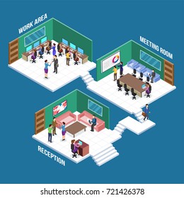 Isometric view of a work place, business people collaboration at different work rooms like reception, meeting room and work area. business concept.