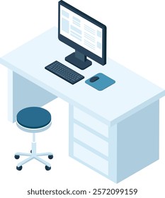 Isometric view of a workspace featuring a computer displaying data on its monitor, a keyboard, a mouse, and a rolling stool, suggesting a productive and organized office environment