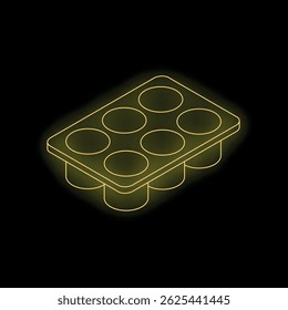 Isometric view of yellow glowing muffin baking tray on black background