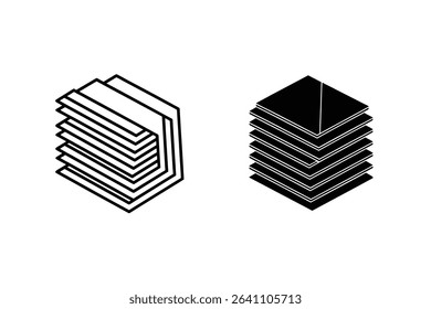 Isometric views of stacked paper or cubes in black and white geometric design