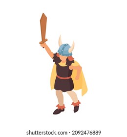 Isometric viking composition with isolated character of little boy wearing warrior suit on blank background vector illustration