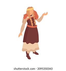 Isometric viking composition with isolated character of woman in traditional dress on blank background vector illustration