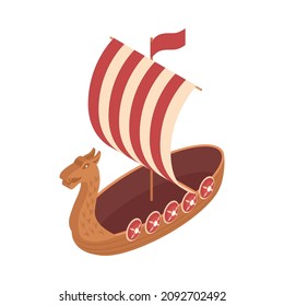 Isometric viking composition with isolated image of rowing boat with sail on blank background vector illustration