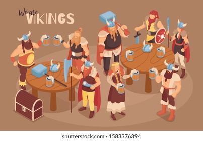 Isometric viking composition with ornate text and characters of vikings in ancient costumes with beer and weapons vector illustration