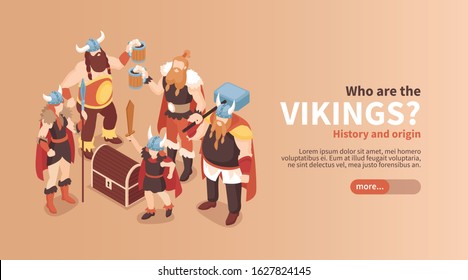 Isometric viking horizontal banner with editable text slider button and group of faceless ancient warrior characters vector illustration