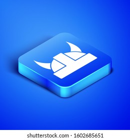 Isometric Viking in horned helmet icon isolated on blue background. Blue square button. Vector Illustration