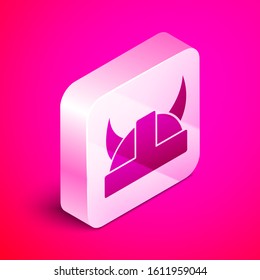 Isometric Viking in horned helmet icon isolated on pink background. Silver square button. Vector Illustration