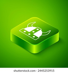 Isometric Viking in horned helmet icon isolated on green background. Green square button. Vector