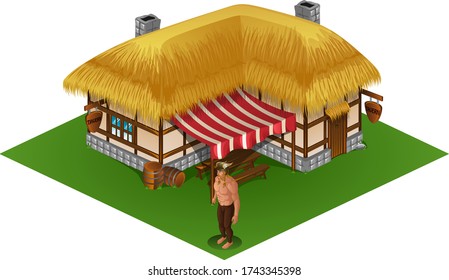 Isometric Viking Man Character in Front of Medieval Tavern