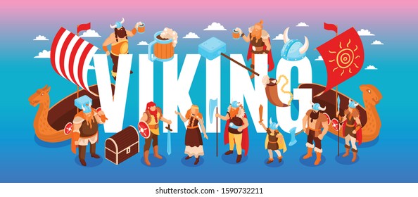 Isometric viking text composition with clouds and characters of ancient warriors and their families on gradient background vector illustration