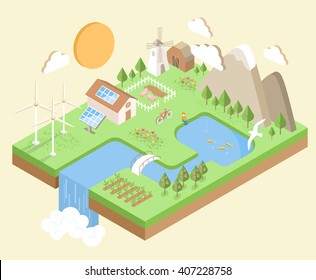 Isometric Village Country City Eco Green Environment Concept Isolated On Beige Background