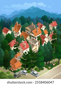 Isometric village with houses, trees, road and mountains. Features include red-tiled roofs, greenery, and parked cars. Clean, minimal design for mobile games or digital assets.