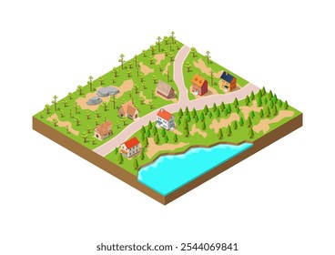 Isometric village settlement with roads and forest