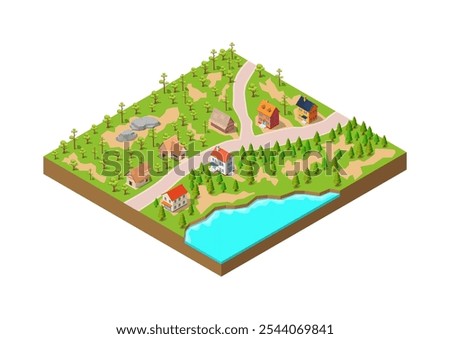Isometric village settlement with roads and forest
