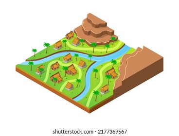 Isometric Village With Traditional House, River, Trees And Rock Mount