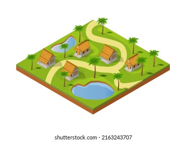 Isometric Village With Traditional House, Trees And Pool