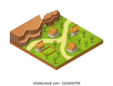 Isometric Village With Traditional House, Trees And Rock Mount