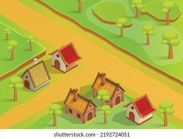 Isometric Village With Traditional House And Trees