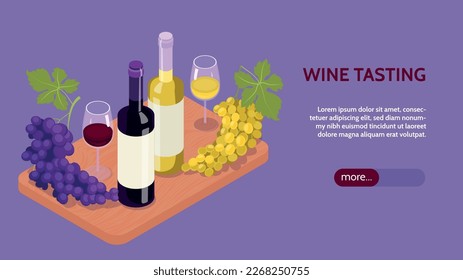 Isometric vineyard horizontal banner with slider more button editable text and carving board with vine drinks vector illustration