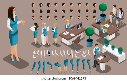 Isometric vintage background, bank worker girl, a set of gestures of hands and feet, hairstyles, emotions to create your character. Create your manager set 2