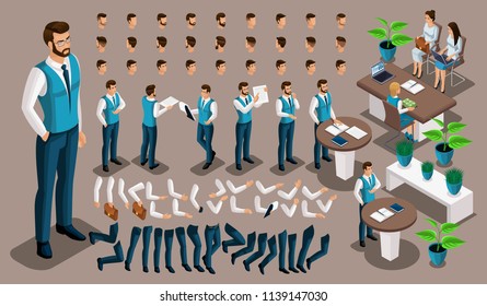 Isometric vintage background, male bank worker, set of gestures of hands and feet, hairstyles, emotions create your character. Create your own manager 6.