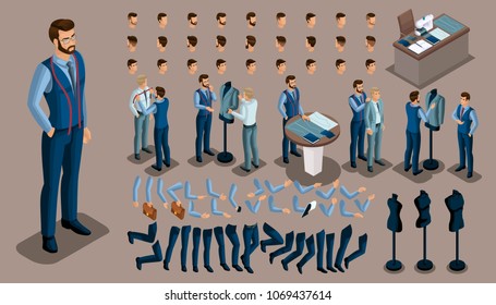 Isometric vintage background, a tailor man, a set of gestures of hands and feet, hairstyles, emotions to create your character. Set of tailors for sewing workshop set 5.