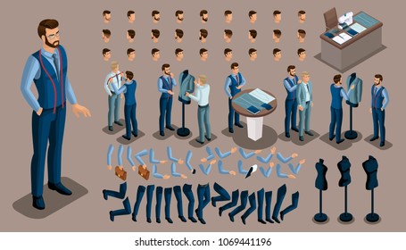 Isometric vintage background, a tailor man, a set of gestures of hands and feet, hairstyles, emotions to create your character. Set of tailors for sewing workshop2