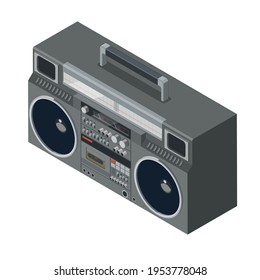 Isometric vintage boombox on white background, music and entertainment concept