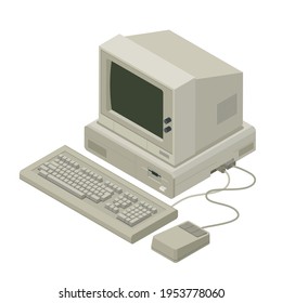 Isometric vintage personal computer with keyboard and mouse