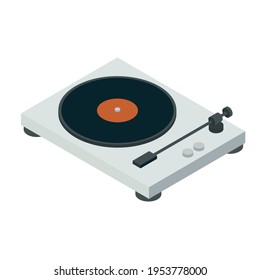 Isometric vintage turntable on white background, music and entertainment concept