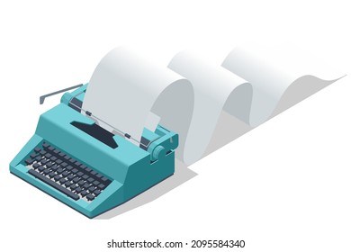 Isometric vintage typewriter with blank paper to write text. Typewriter machine in retro style. World Writer Day.